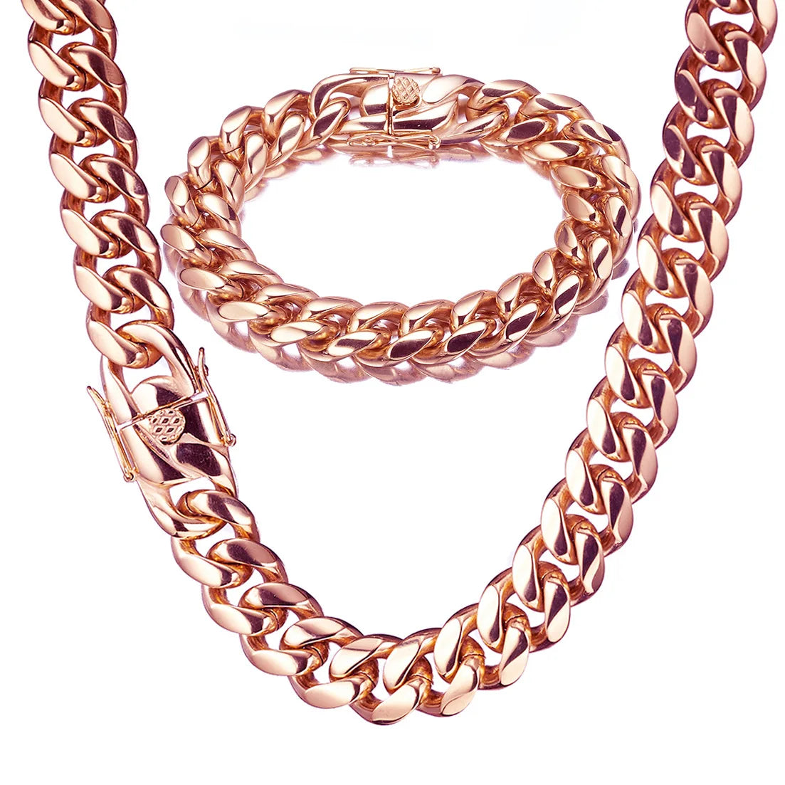 Rose gold tone cuban link chain and matching bracelet