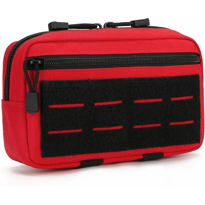 A red tactical molle EDC utility pouch with zipper compartments.
