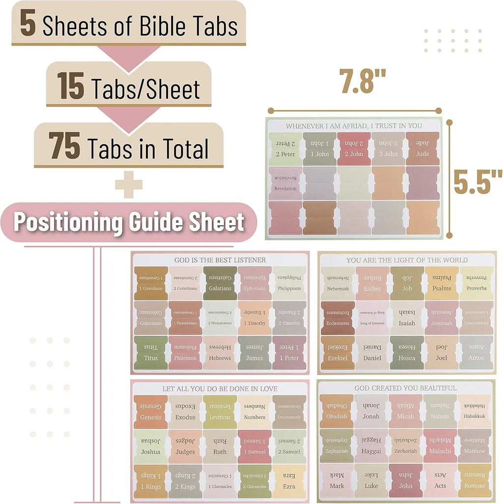 Set of 75 boho theme bible index tabs including sheets and a positioning guide.
