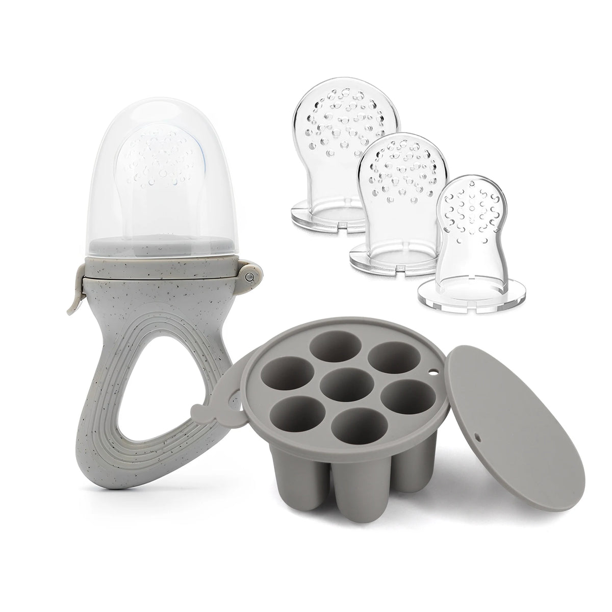 Baby Fruit Feeder Teether Pacifier with Food Freezer Tray Set – Gray