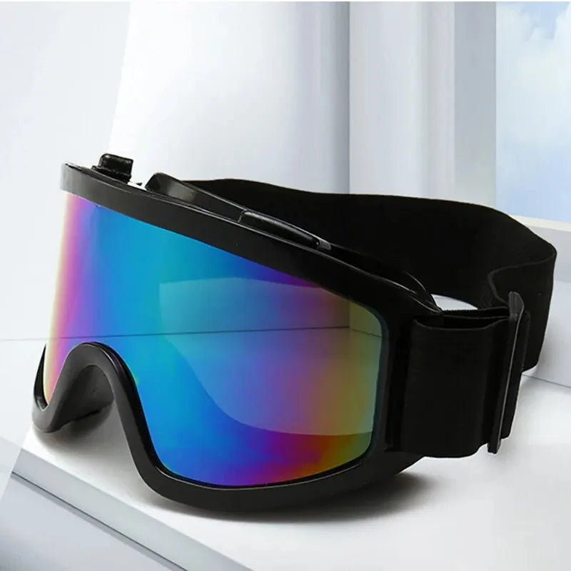 Protective windproof sports goggles for outdoor activities shown with an elastic strap and clear PC lens.