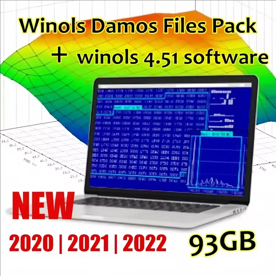 Laptop screen showing ECU remap data visualization software and performance tuning Damos file collection
