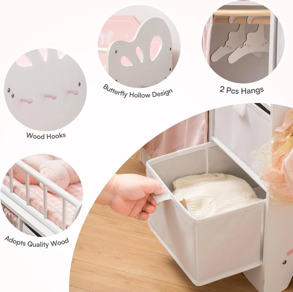 Detail views of a white and pink wooden doll crib, including storage drawers, hooks, and clothing hangers