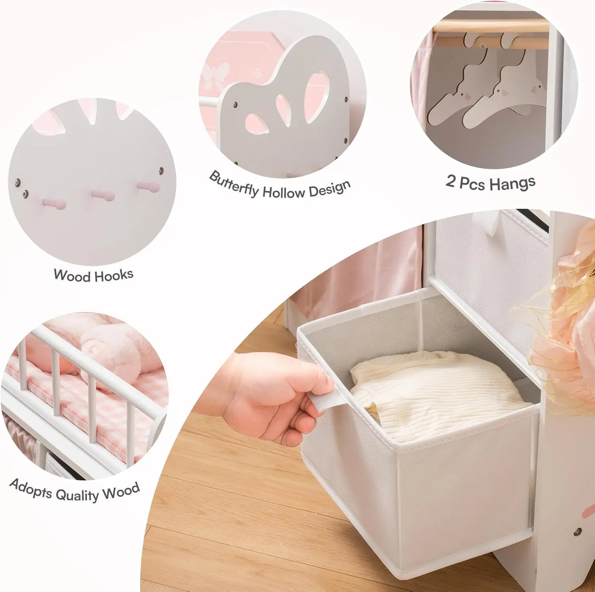 Detail views of a white and pink wooden doll crib, including storage drawers, hooks, and clothing hangers