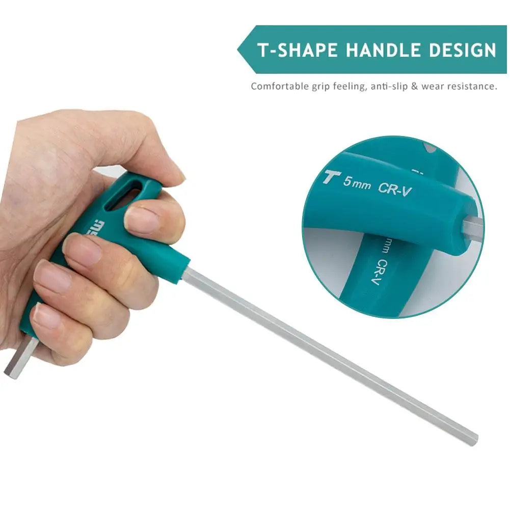 Close-up hand holding a teal T-handle hex wrench.