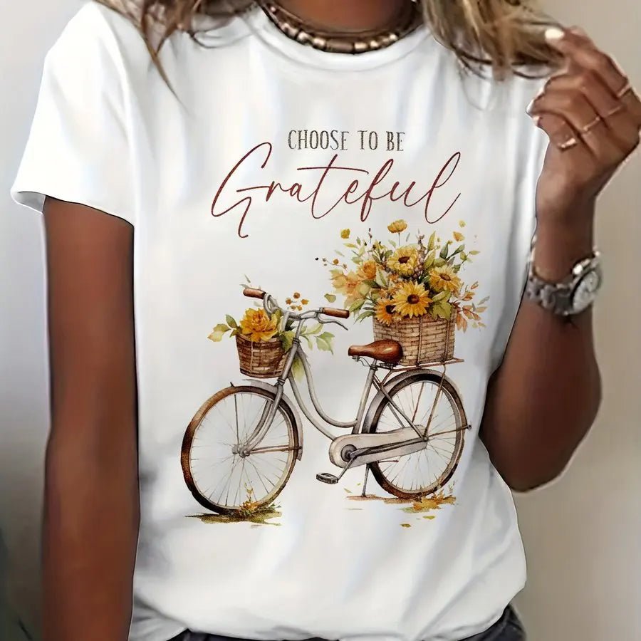 Women's Vintage Crew Neck Graphic T-Shirt with Bicycle Print – White
