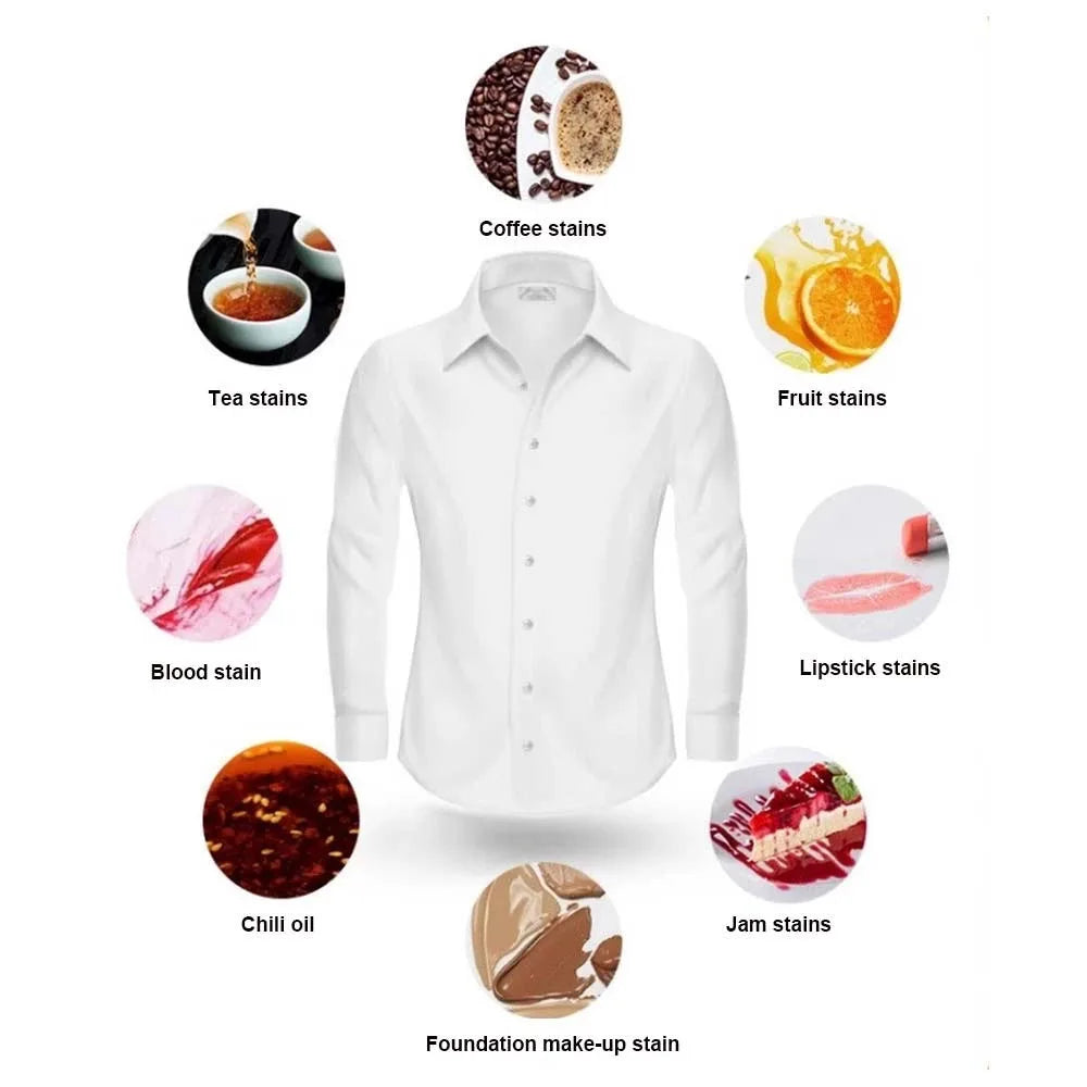 White shirt with various common stain types shown in circular bubbles