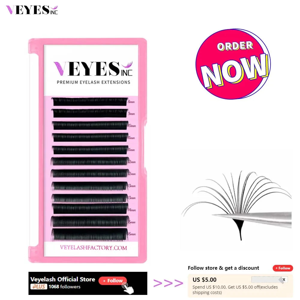 Tray of black self-fanning eyelash extensions with various lengths and tweezers with a fan