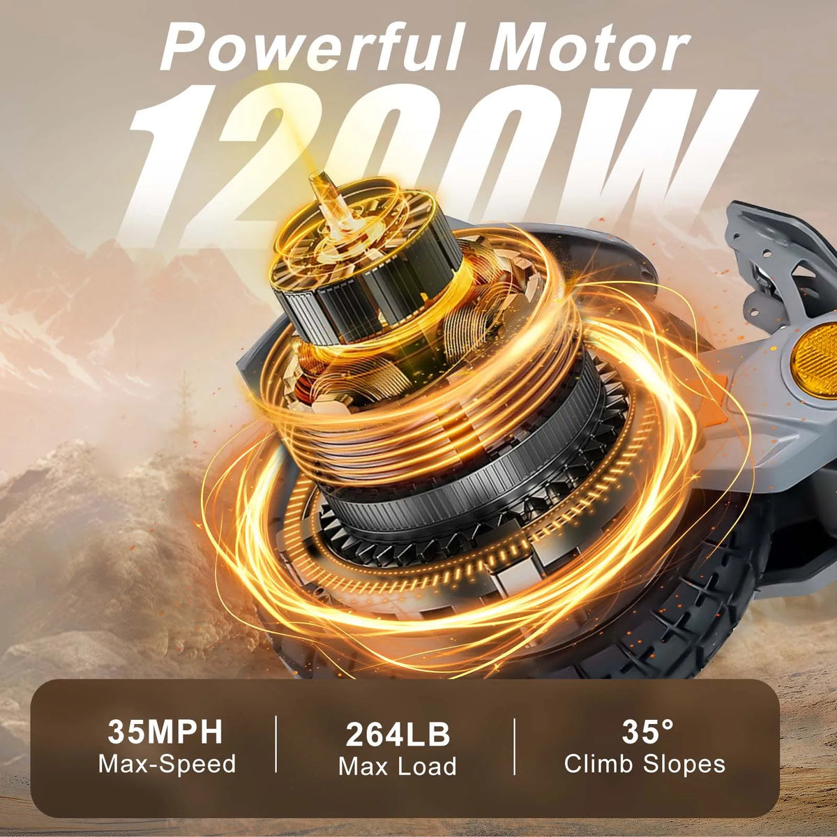 Close-up view of a powerful 1200W electric scooter motor with speed, load and climb performance specifications