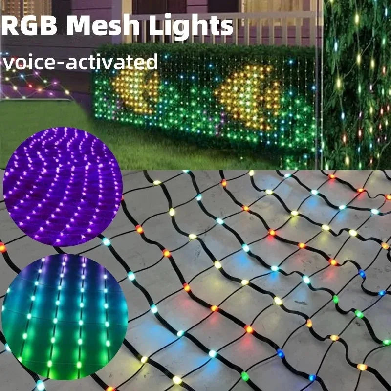 RGB LED mesh lights displayed on garden bushes and as floor netting