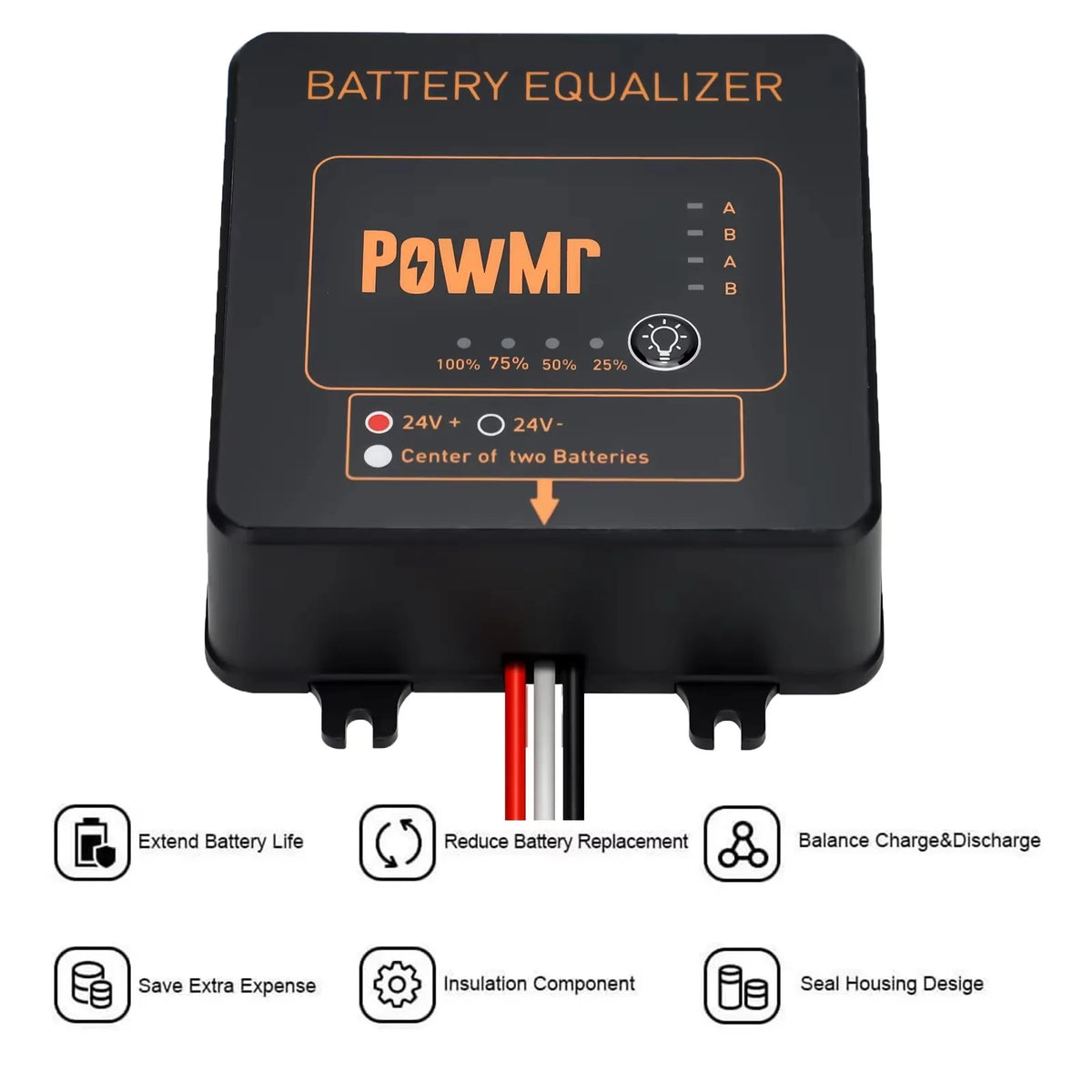 Battery voltage equalizer device highlighting key features like extended battery life and balanced charging.
