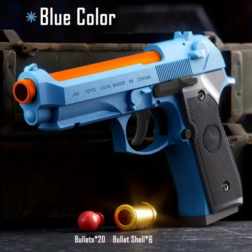 Blue toy gun with red bullets and gold shell casings on a table