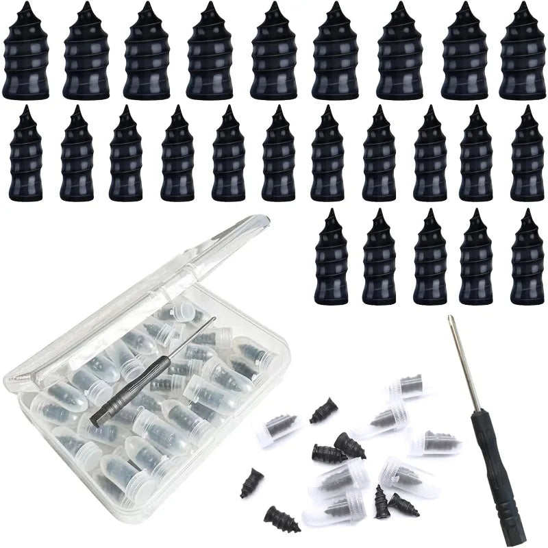 Set of black tire repair rubber screws in clear plastic cases with a small screwdriver