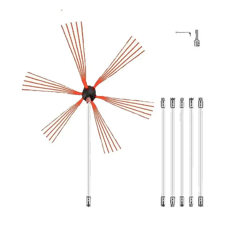 Chimney sweep brush kit with multiple flexible rods and a central orange cleaning head