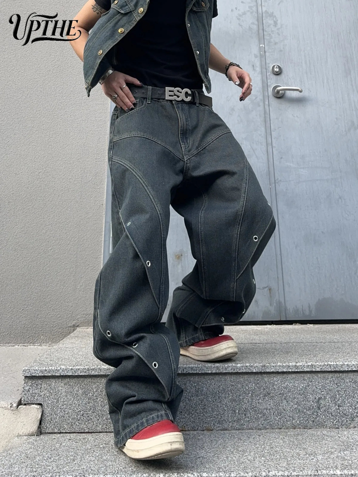 Dark grey baggy wide leg denim jeans with side eyelet detailing