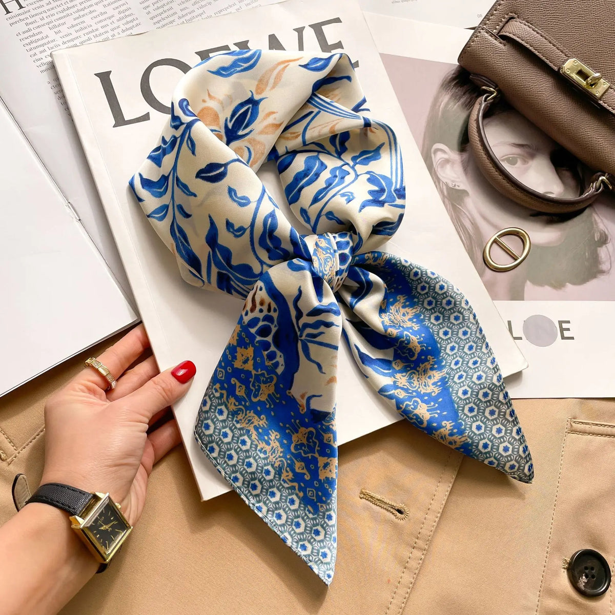 Floral Print Square Satin Scarf, 70x70cm Polyester Headband – 1