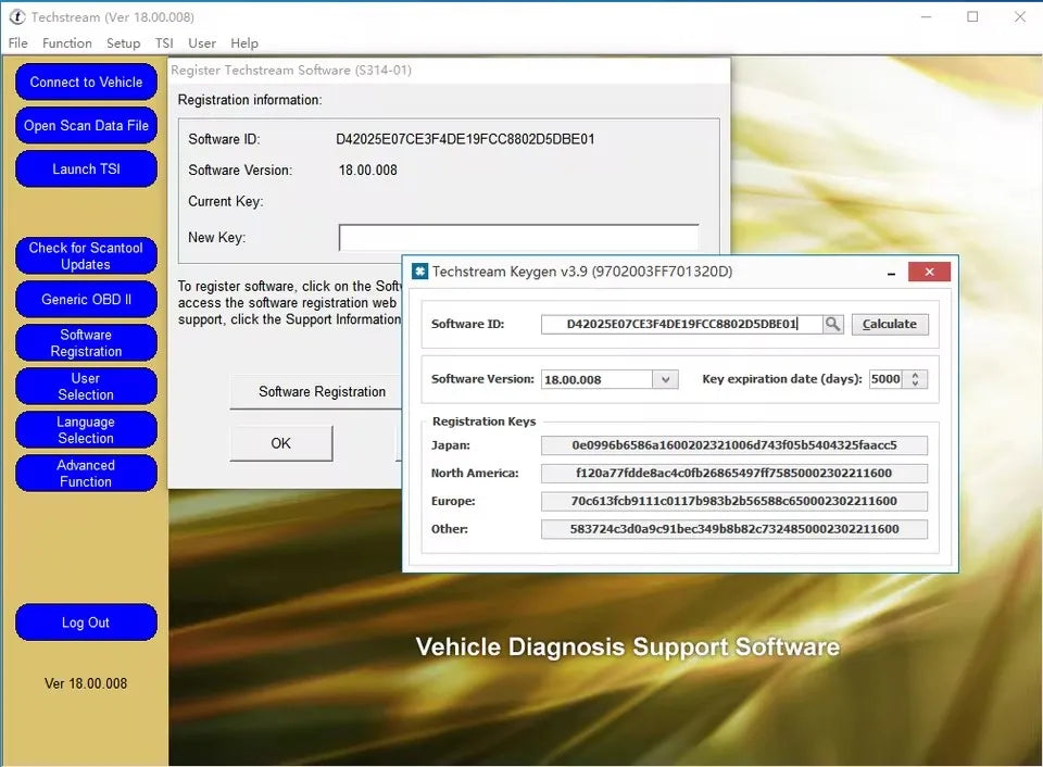 Software registration and license key generator window.