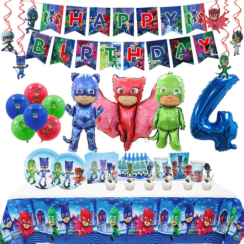 PJ Masks themed birthday party decoration set including balloons and colorful party supplies