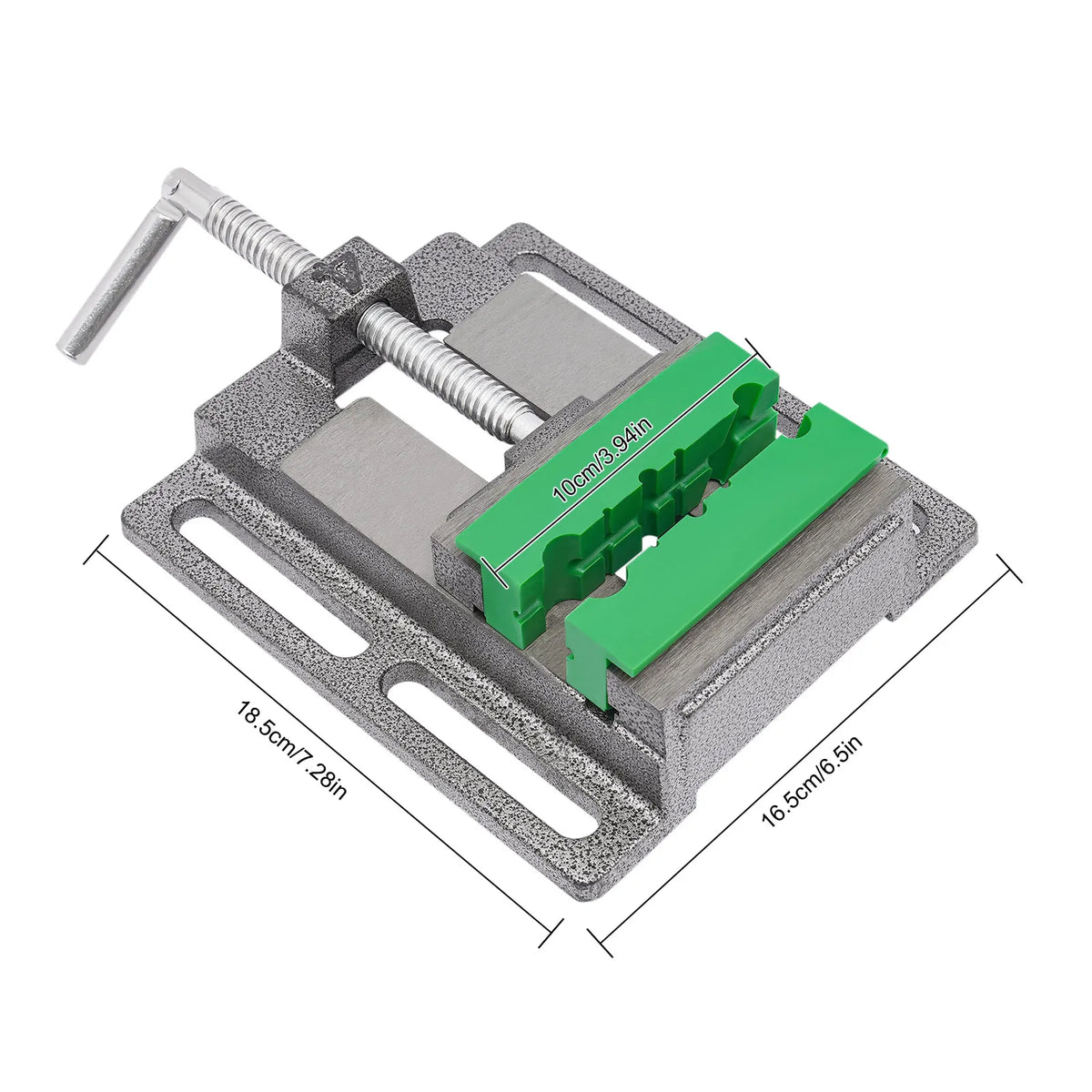 4-inch drill press vise with green jaws showing product dimensions in centimeters and inches