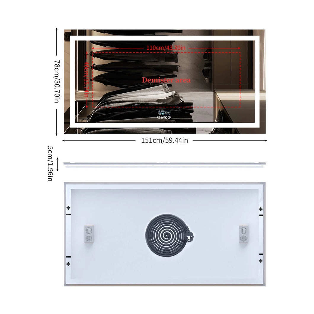 XXL Rectangular LED Bathroom Vanity Mirror with Bluetooth and Anti-Fog – 1510x780mm