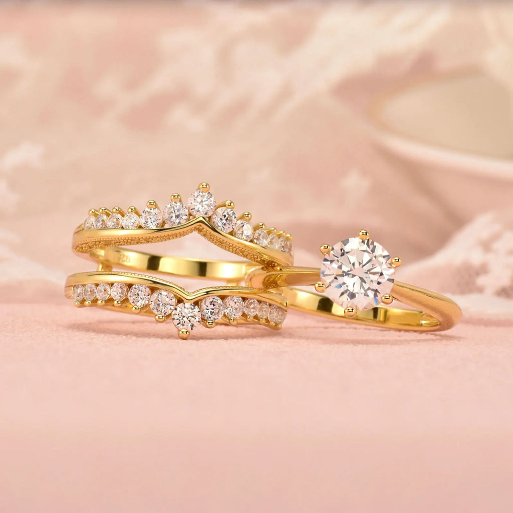 Gold plated sterling silver engagement and wedding band set with round cut cubic zirconia
