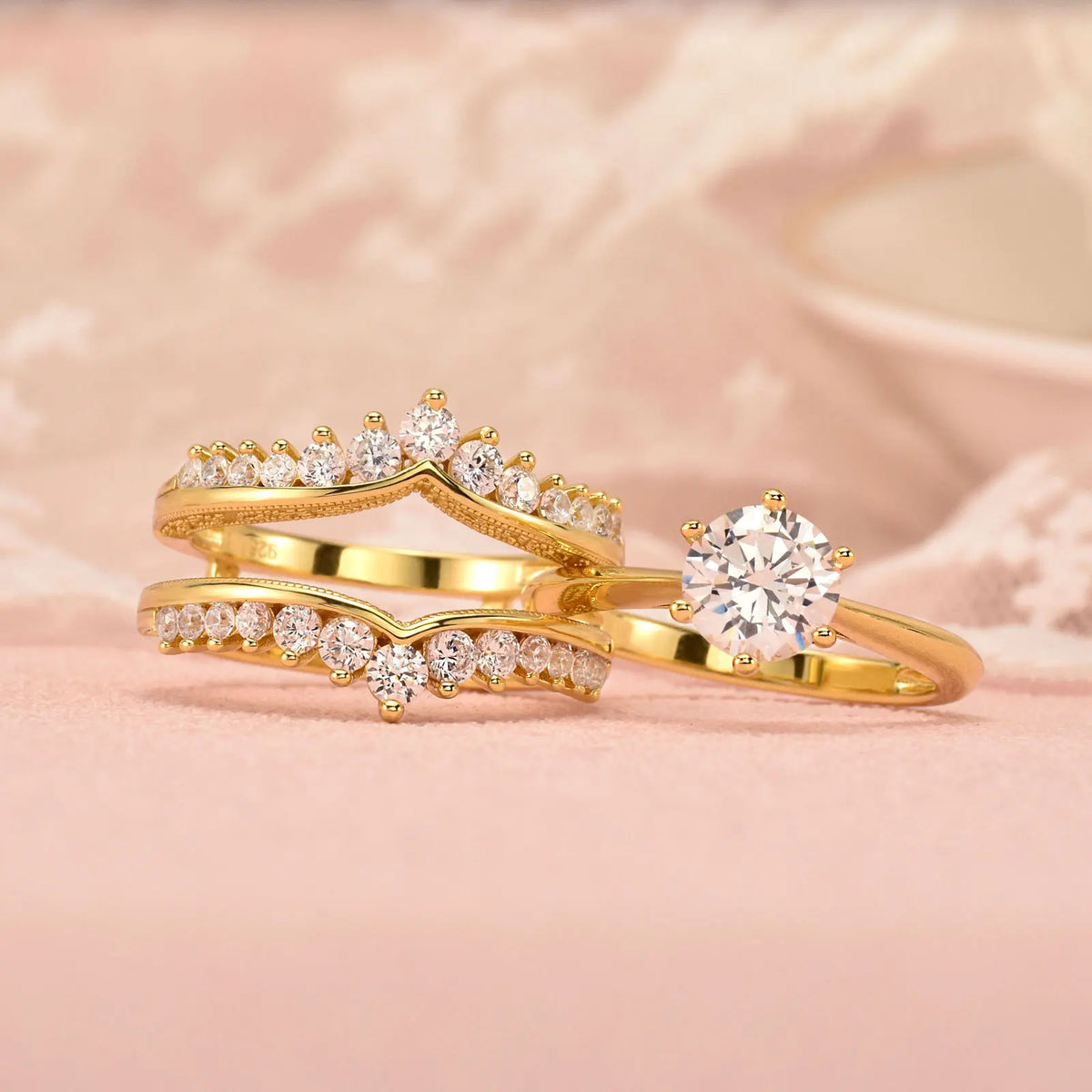 Gold plated sterling silver engagement and wedding band set with round cut cubic zirconia