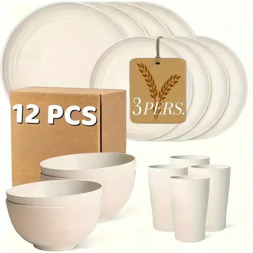 A 12-piece black wheat straw dinnerware set containing plates, bowls, and cups arranged on a table. – 12pc white