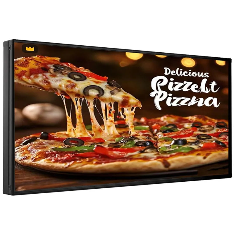 Digital LED display board showing an advertisement for pizza