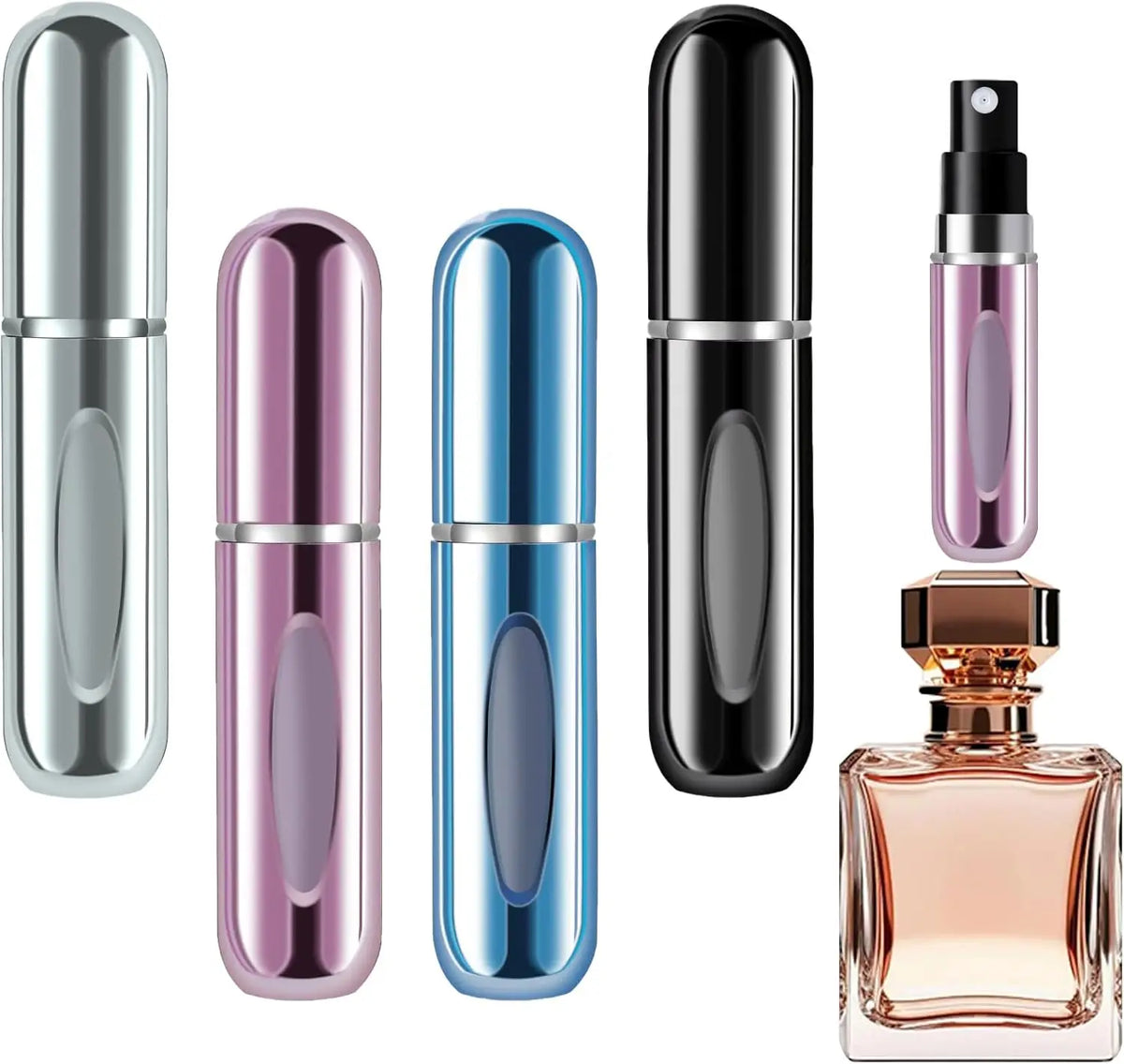 An assortment of colorful empty perfume refillable spray bottles.