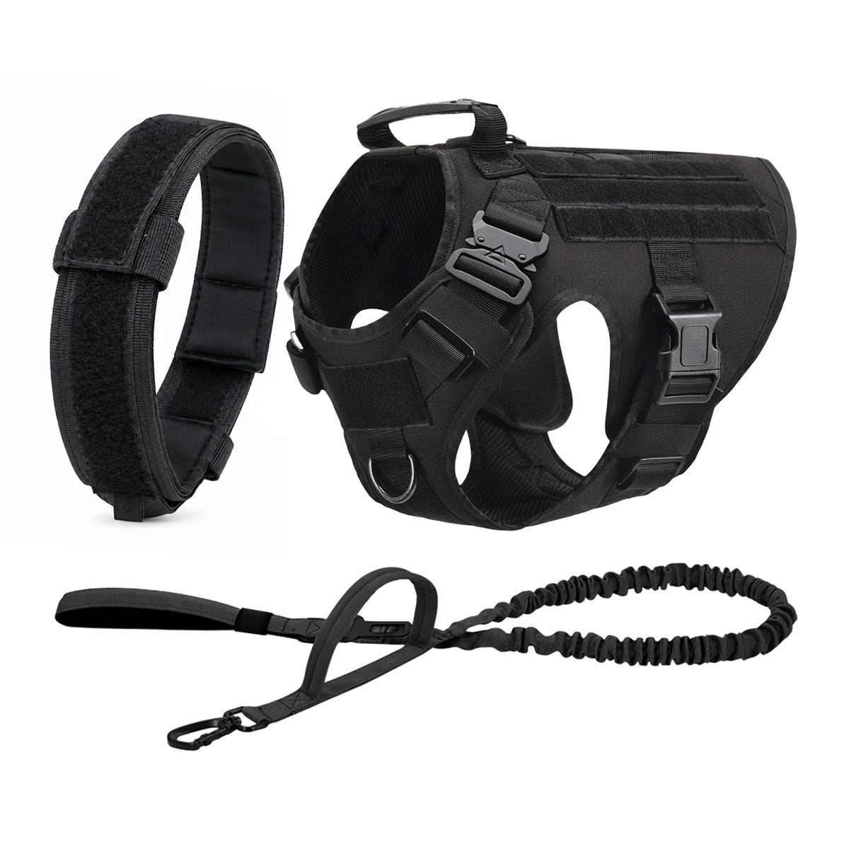 Tactical Dog Harness with Collar and Leash for Medium to Large Dogs – Black 3 Pieces