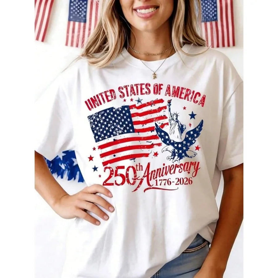 A woman in a white t-shirt featuring a 250th anniversary of America graphic design.