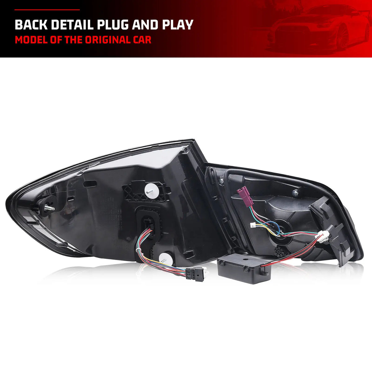 The rear view of a car tail light assembly showing the wiring and connectors for plug and play installation.