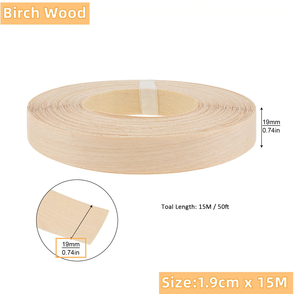 15m Wood Edge Banding Tape, 19mm Width, Hot Melt Adhesive for Furniture – Birch Wood