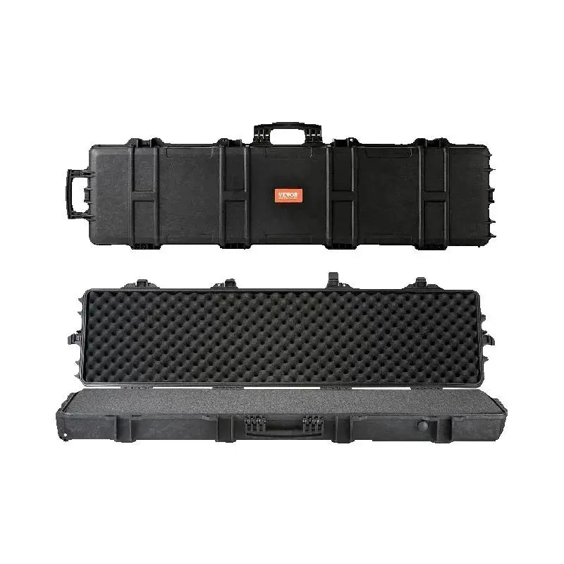 Black hard rifle carrying case, open and closed views with interior foam padding