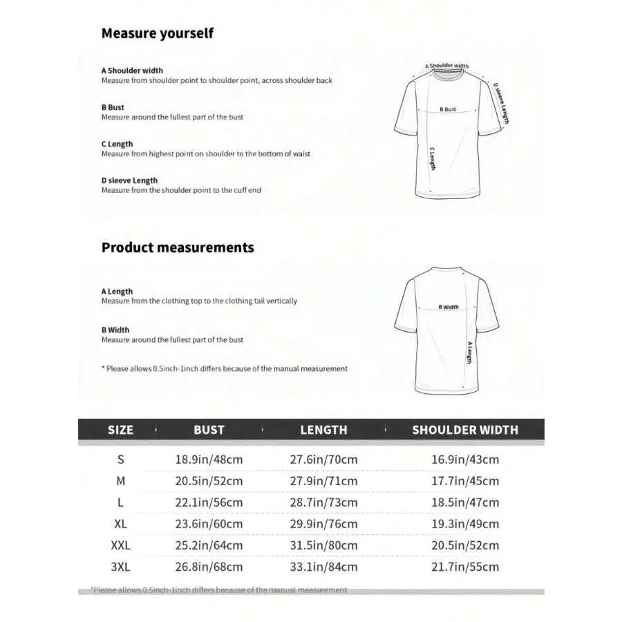Size chart table with measurement diagrams for a t-shirt.