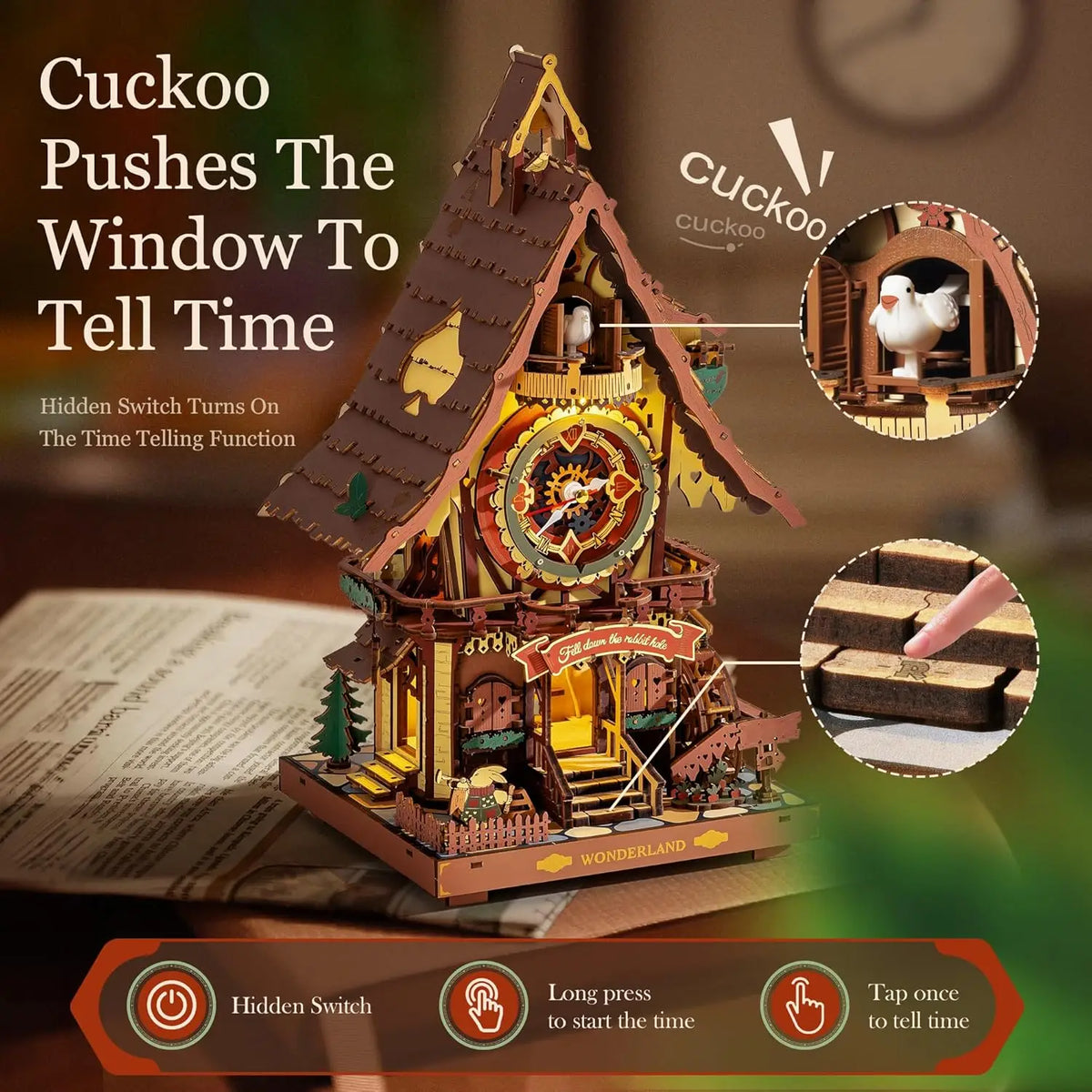 3D wooden cuckoo clock puzzle details and operation instructions