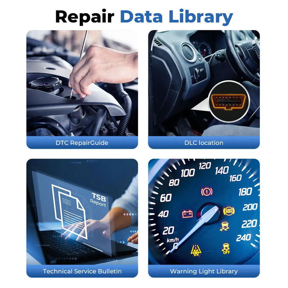 Collage showing repair data, diagnostic port location, technical service bulletins, and dashboard warning lights