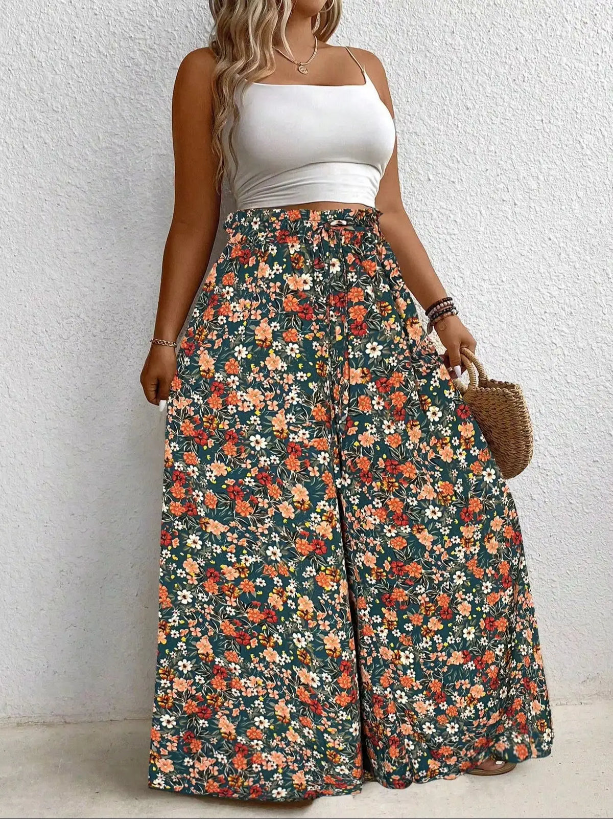Plus Size Wide Leg Pants, Polyester Printed Elastic Waist Trousers – Red