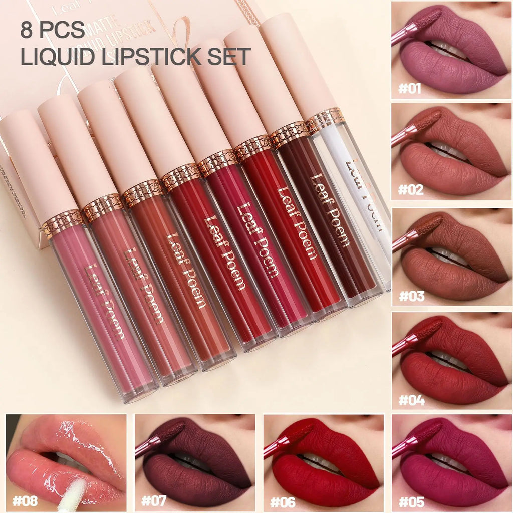 A set of eight liquid lipsticks with swatches showing various matte and glossy shades on lips.