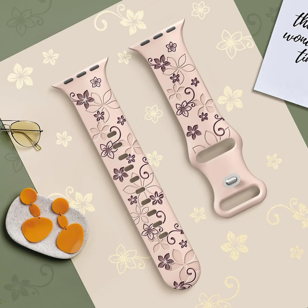 Engraved floral silicone watch band with decorative accessories