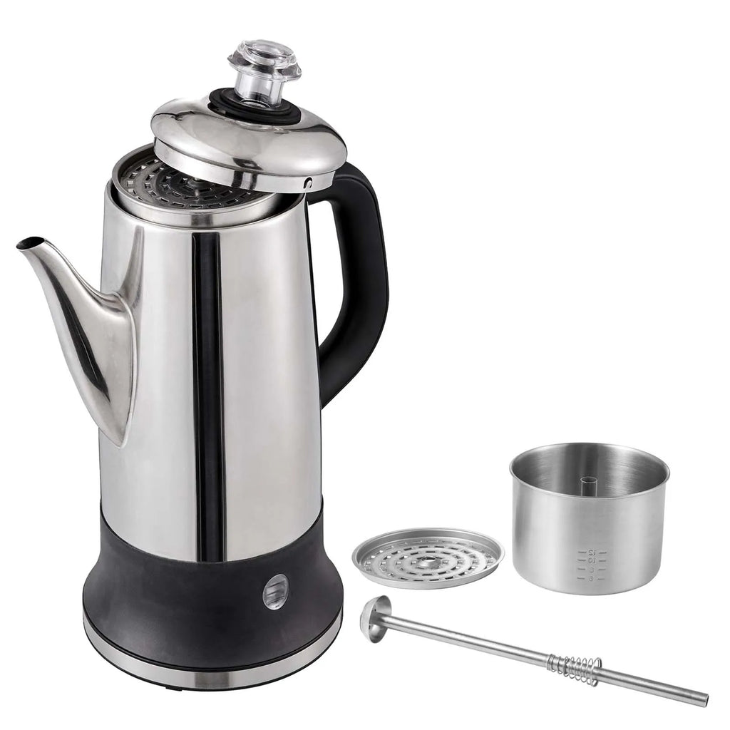 A stainless steel electric percolator coffee pot with its detachable internal components.