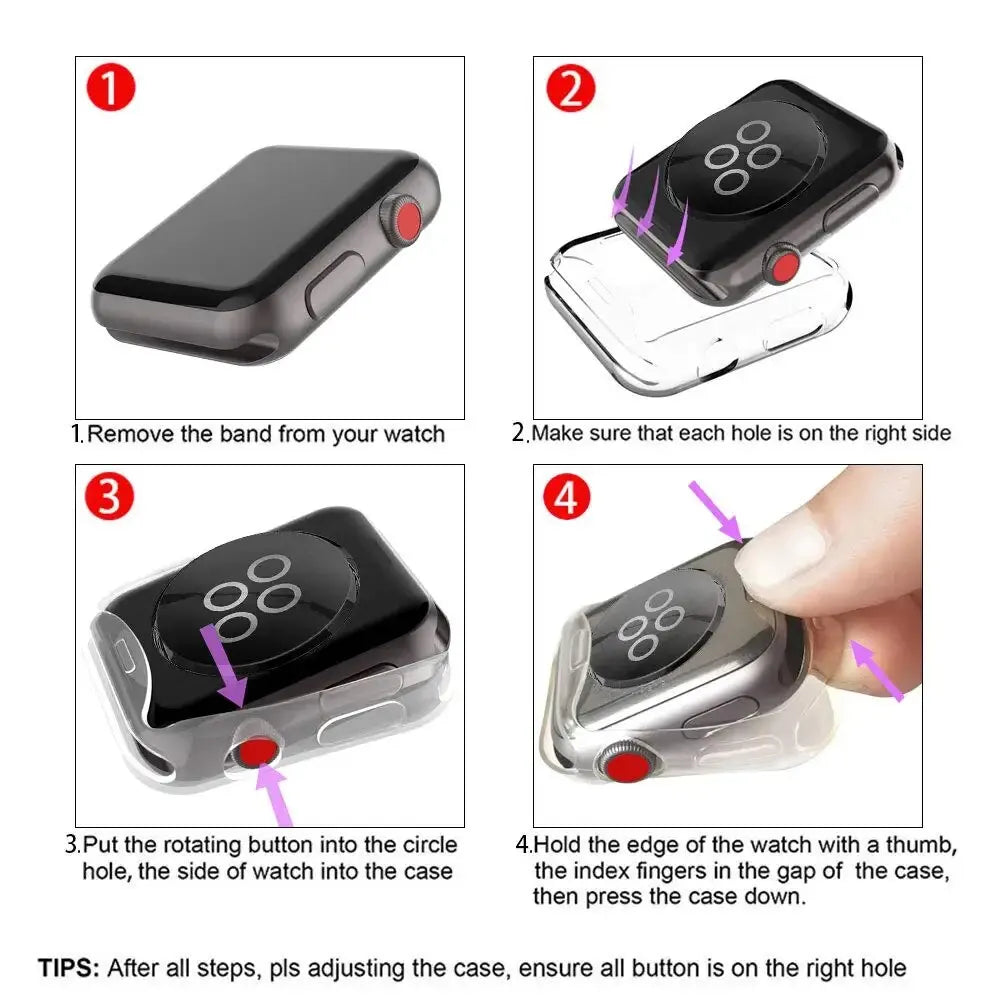 A four-step instruction guide demonstrating how to install a protective bumper case on a smartwatch.