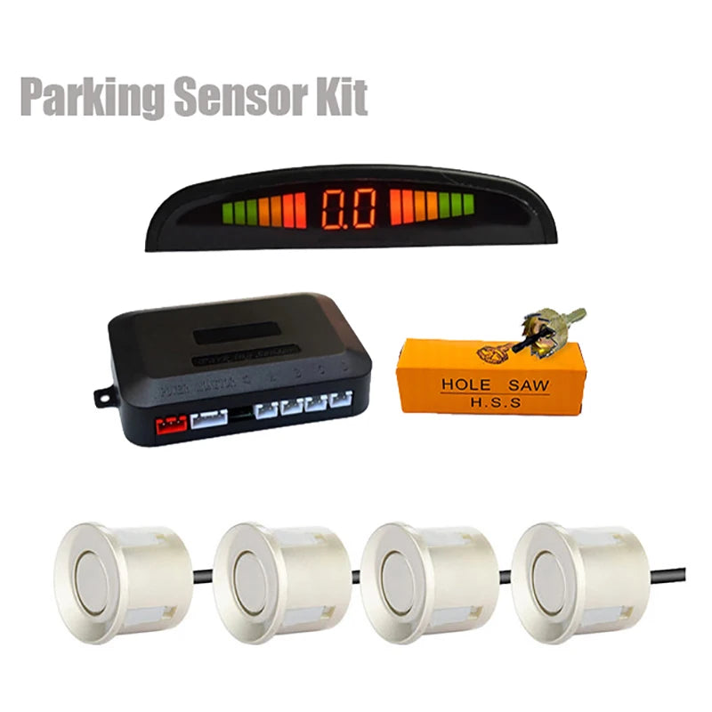 Car LED Parking Sensor Kit with 4 Ultrasonic Sensors and Digital Display – Gold