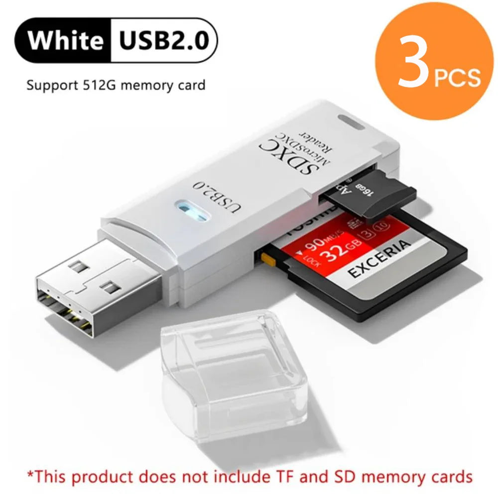 2-in-1 USB Memory Card Reader for SD and TF Cards – 3pcs White2.0