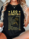 A woman wearing a black t-shirt with a Leo zodiac sign chart and lion graphic.