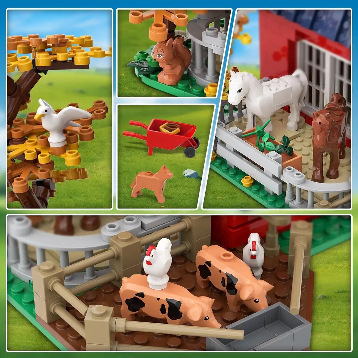 Close-up views of the building block farm set featuring trees, animals, a wheelbarrow, and horses