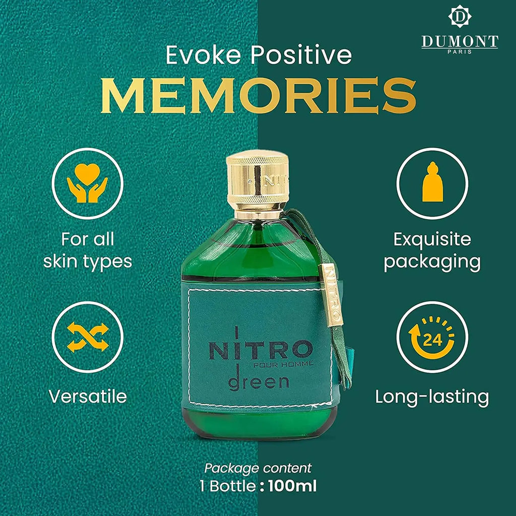A green perfume bottle displayed with icons and text highlighting its long-lasting and versatile nature.