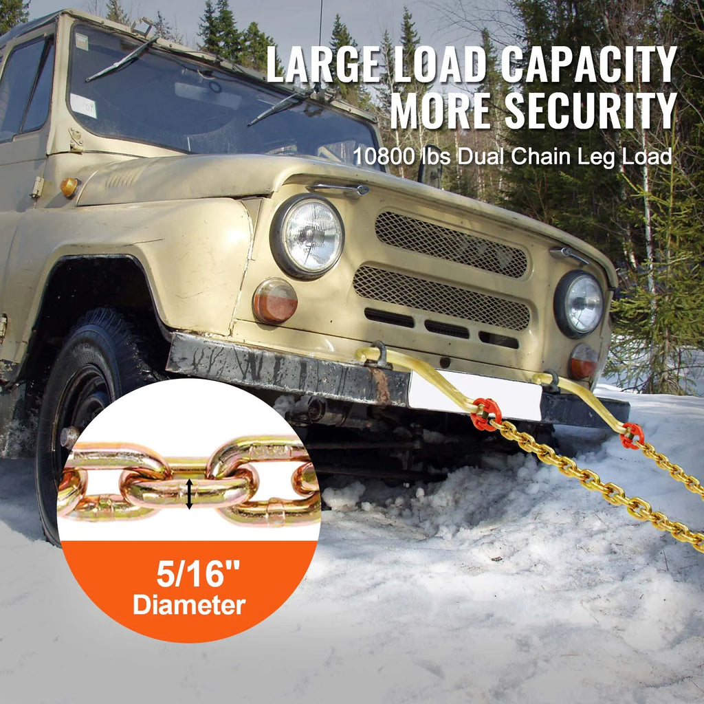 A set of heavy-duty towing chains with a circular detail showing chain link diameter