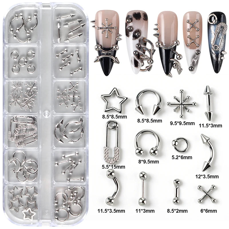 12-Grid Goth Punk Nail Charms and Studs - Metal Alloy Stars and Rivets – S-229-03