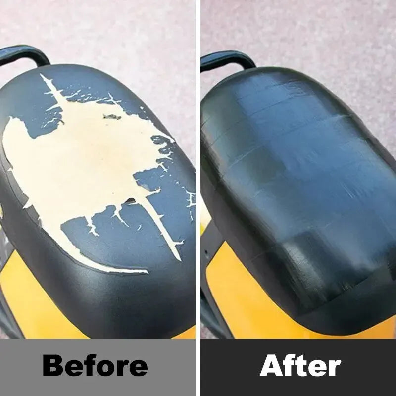 Before and after comparison of a torn motorcycle seat repaired with a leather patch
